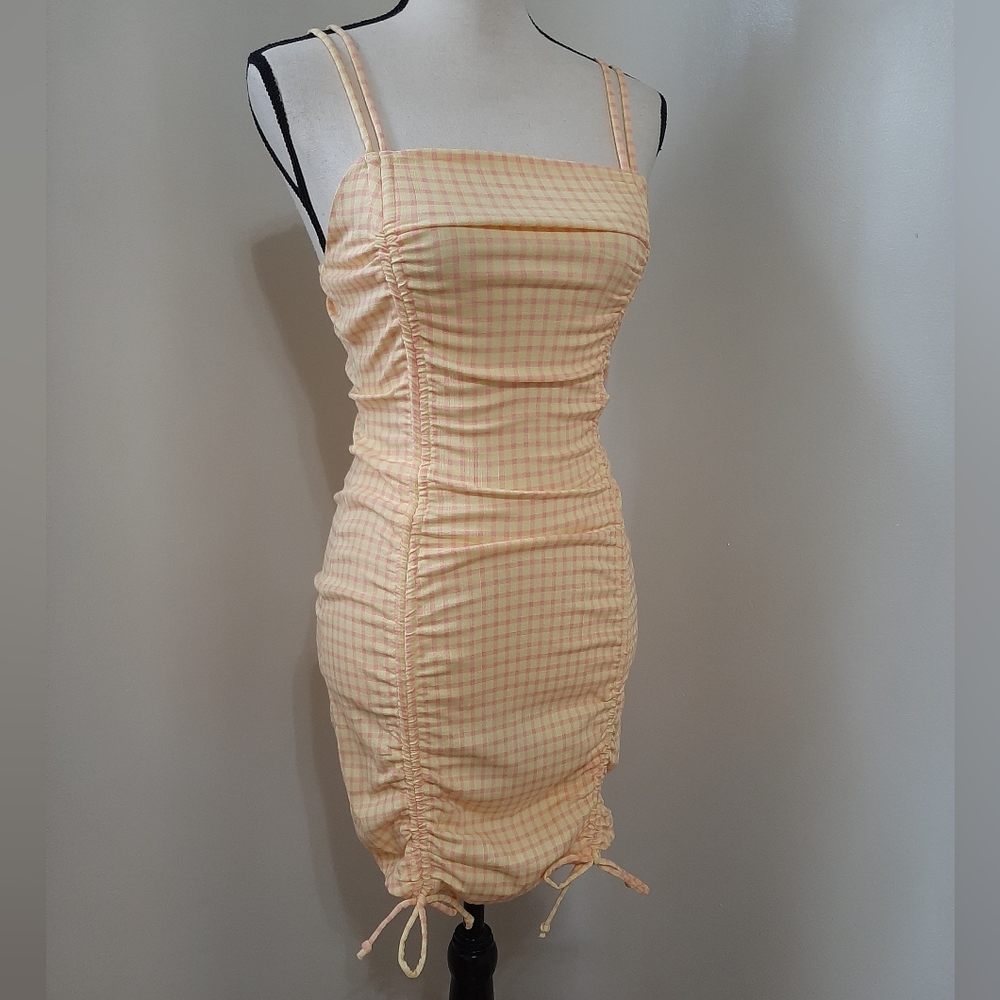 NWT Wild Fable Double Ruched Yellow & Pink Gingham Cinched Bodycon Dress - Picture 5 of 7